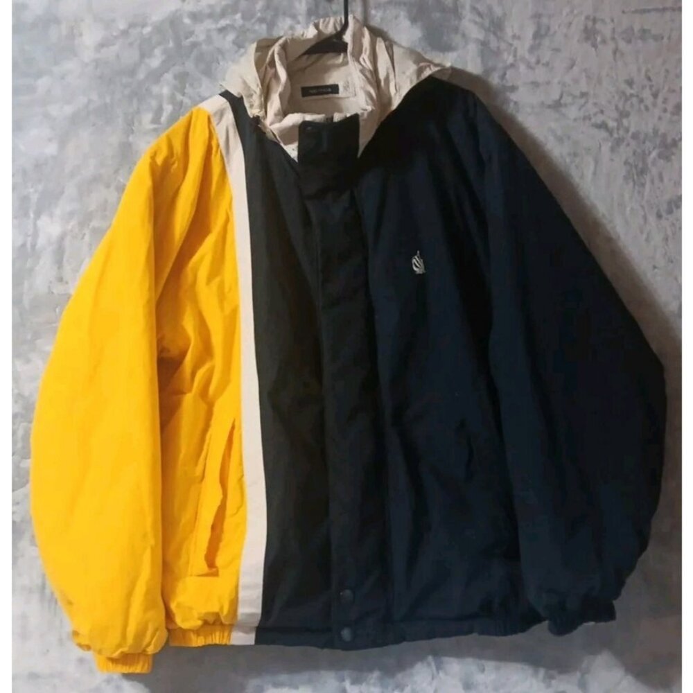 Vtg Nautica Men's Coat XXL Reversible Blue Yellow Cream Stowaway Hood 90s READ